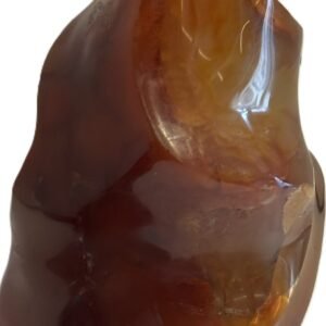 Hand carved polished carnelian flame sculpture featuring twisting ridges with deep mahogany red burnt orange tones and smoky chalcedony patches isolated on a white background